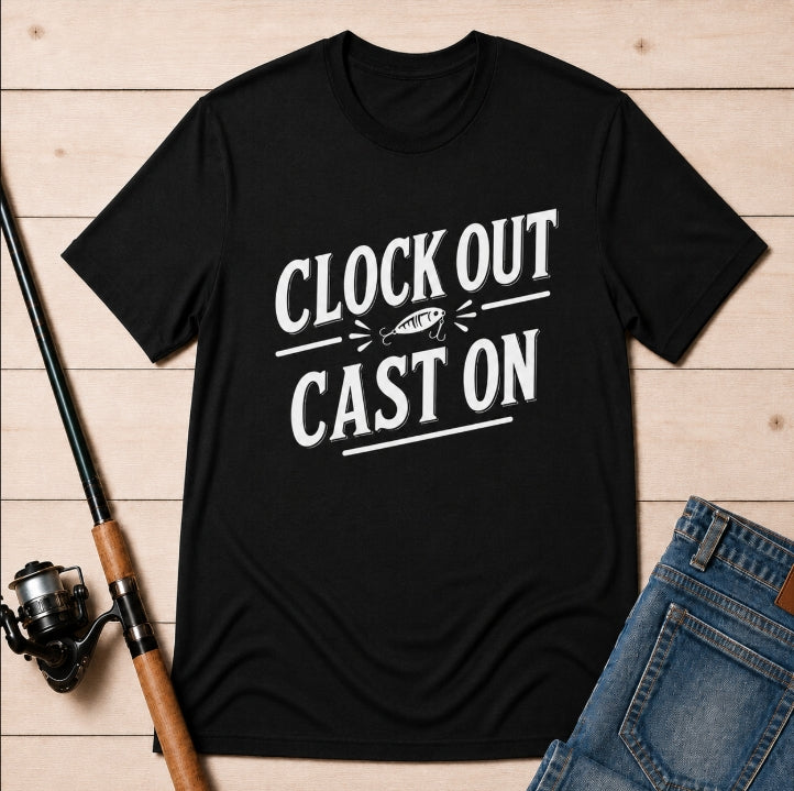 Clock Out, Cast On - Graphic Fishing Tee